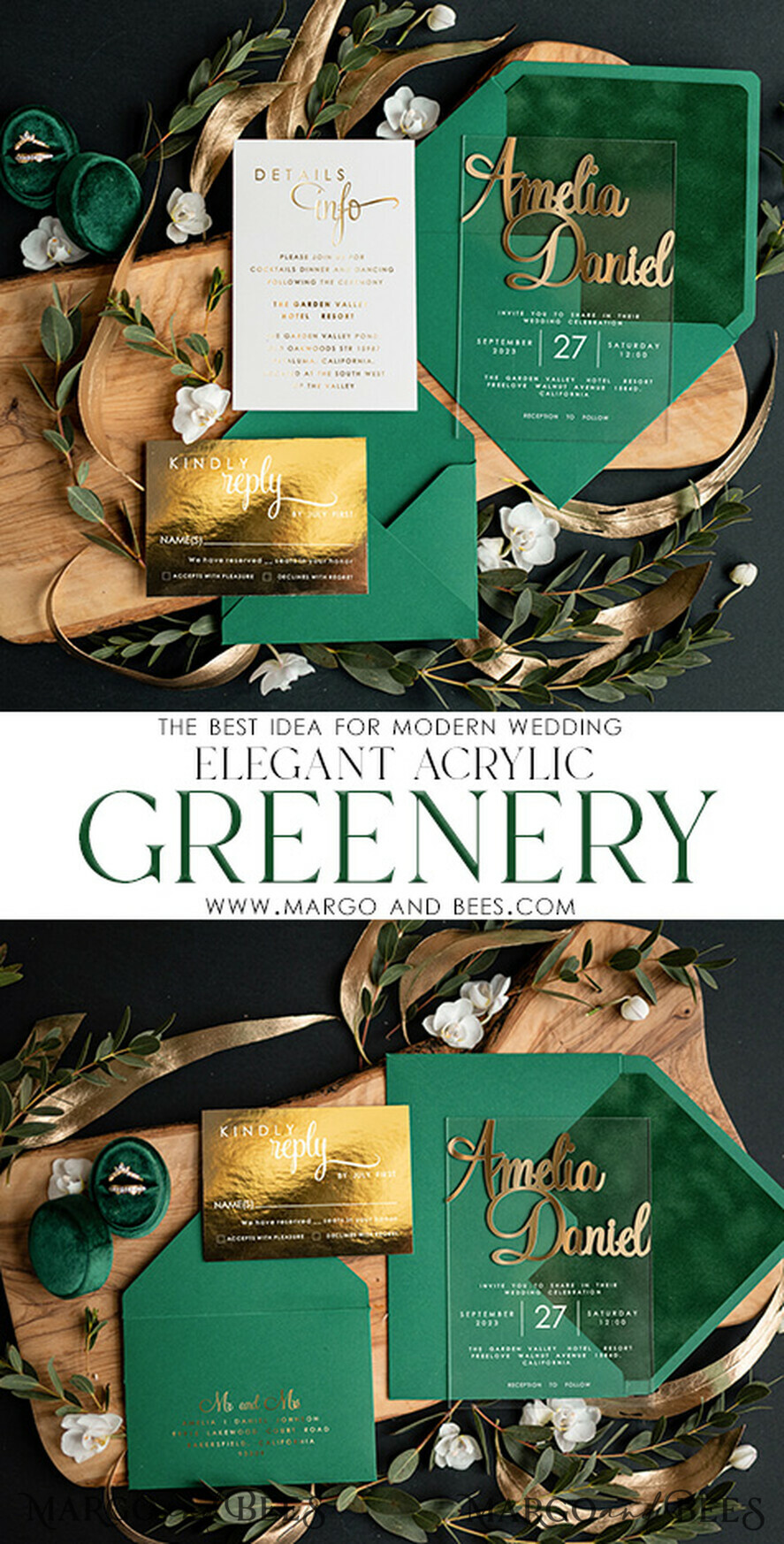 HOCHZEITS EINLADUNGEN Gold / Roségold / Silber / Glitzer Goldene grüne Acrylhochzeitskarten, Glamour-Velours-Hochzeitseinladungsset • Goldene Grüner Hochzeitsstationery • Luxuriöse smaragdgrüne Hochzeitseinladungen