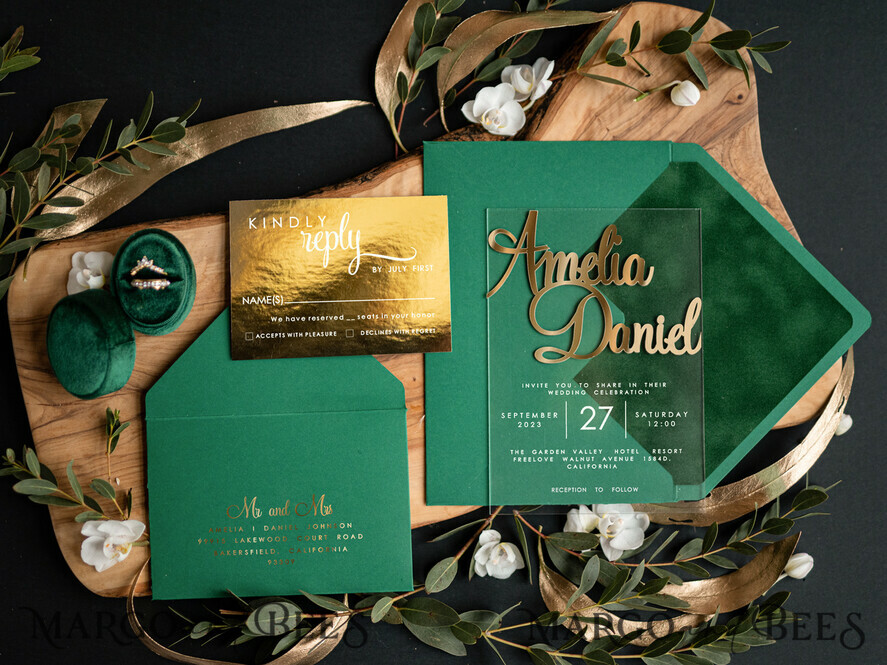 HOCHZEITS EINLADUNGEN Gold / Roségold / Silber / Glitzer Goldene grüne Acrylhochzeitskarten, Glamour-Velours-Hochzeitseinladungsset • Goldene Grüner Hochzeitsstationery • Luxuriöse smaragdgrüne Hochzeitseinladungen