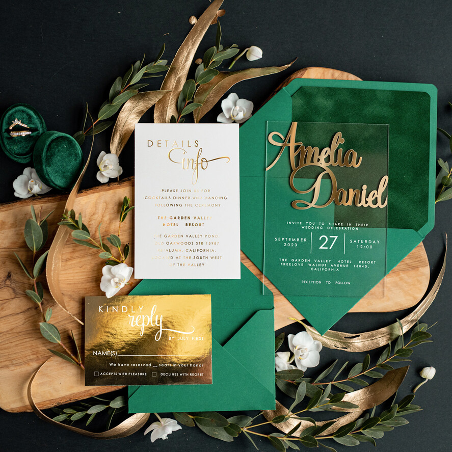 HOCHZEITS EINLADUNGEN Gold / Roségold / Silber / Glitzer Goldene grüne Acrylhochzeitskarten, Glamour-Velours-Hochzeitseinladungsset • Goldene Grüner Hochzeitsstationery • Luxuriöse smaragdgrüne Hochzeitseinladungen
