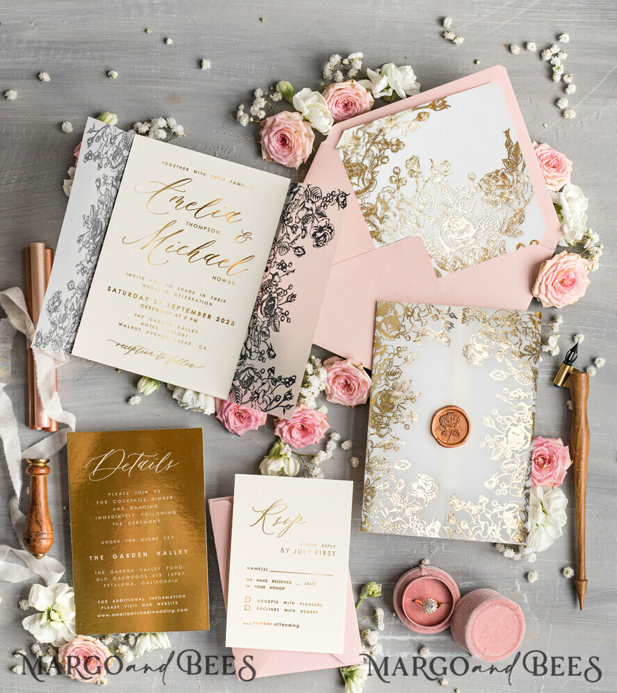 HOCHZEITS EINLADUNGEN Gold / Roségold / Silber / Glitzer Maßgeschneiderte Hochzeitskarten in Blush Pink, Glamour Hochzeitskarten-Set • Goldene Rosa Hochzeitsstationery • Luxus HochzeitsEinladungen