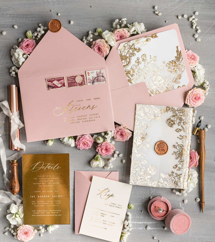 HOCHZEITS EINLADUNGEN Gold / Roségold / Silber / Glitzer Maßgeschneiderte Hochzeitskarten in Blush Pink, Glamour Hochzeitskarten-Set • Goldene Rosa Hochzeitsstationery • Luxus HochzeitsEinladungen