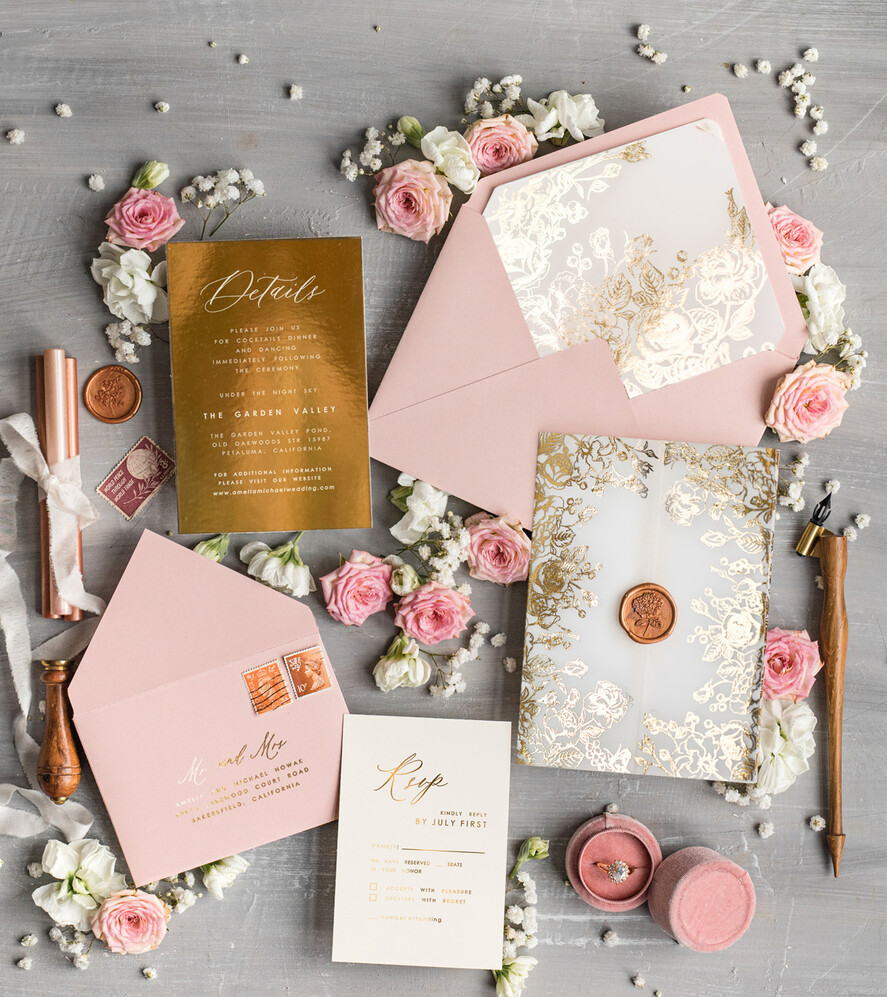 HOCHZEITS EINLADUNGEN Gold / Roségold / Silber / Glitzer Maßgeschneiderte Hochzeitskarten in Blush Pink, Glamour Hochzeitskarten-Set • Goldene Rosa Hochzeitsstationery • Luxus HochzeitsEinladungen