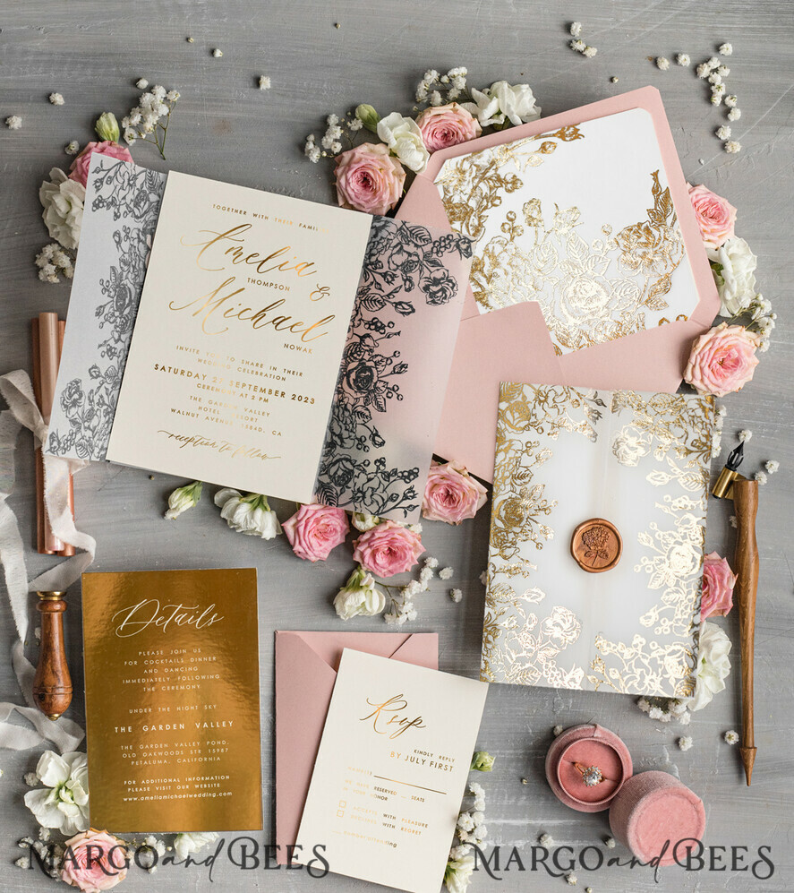 HOCHZEITS EINLADUNGEN Gold / Roségold / Silber / Glitzer Maßgeschneiderte Hochzeitskarten in Blush Pink, Glamour Hochzeitskarten-Set • Goldene Rosa Hochzeitsstationery • Luxus HochzeitsEinladungen