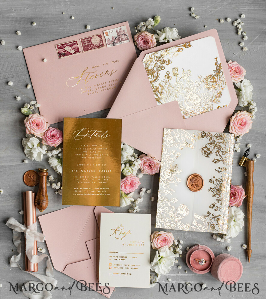 HOCHZEITS EINLADUNGEN Gold / Roségold / Silber / Glitzer Maßgeschneiderte Hochzeitskarten in Blush Pink, Glamour Hochzeitskarten-Set • Goldene Rosa Hochzeitsstationery • Luxus HochzeitsEinladungen
