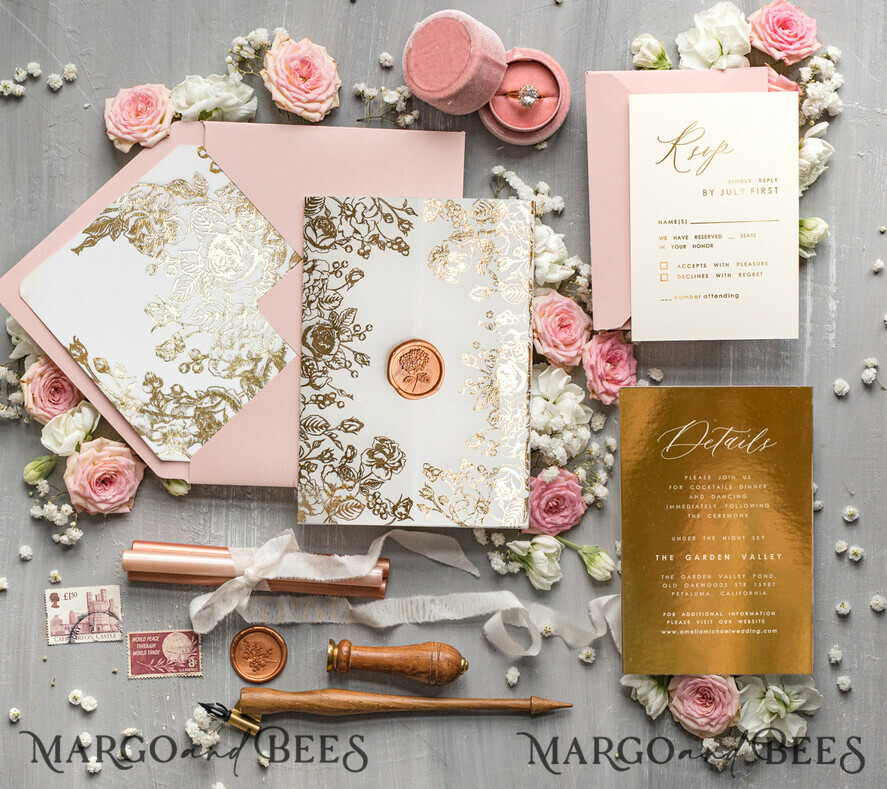 HOCHZEITS EINLADUNGEN Gold / Roségold / Silber / Glitzer Maßgeschneiderte Hochzeitskarten in Blush Pink, Glamour Hochzeitskarten-Set • Goldene Rosa Hochzeitsstationery • Luxus HochzeitsEinladungen