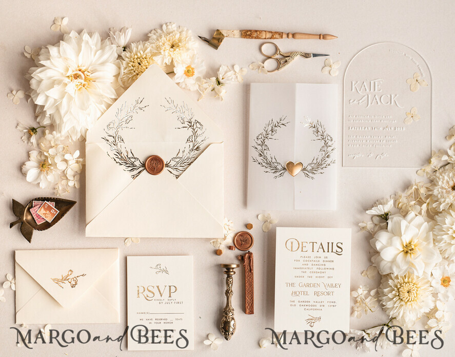 HOCHZEITS EINLADUNGEN Gold / Roségold / Silber / Glitzer Arch Acryl Hochzeits-Einladungssuite, Boho Glam Hochzeits-Einladungen, Goldener Glanz Hochzeitskarten, Elegante goldene Hochzeitskarten
