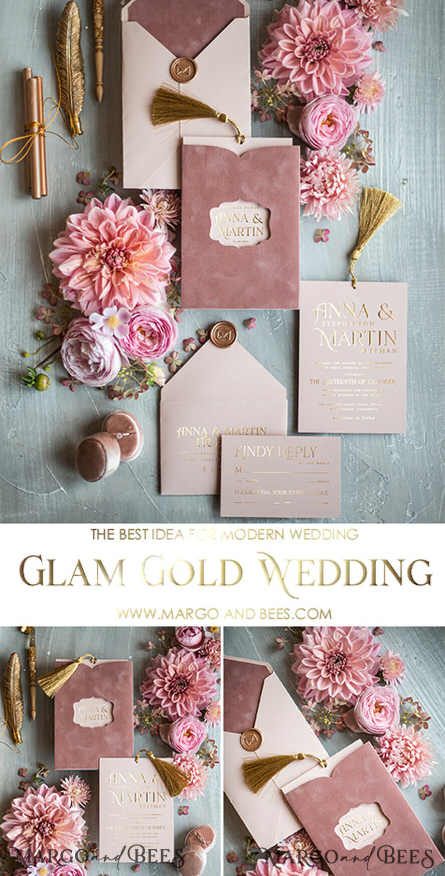 HOCHZEITS EINLADUNGEN Gold / Roségold / Silber / Glitzer Glamour Pink Samt Hochzeitskarten, Luxus Goldene Quaste Hochzeits Einladungssuite, Romantische Blush Pink Arabische Hochzeitskarten, Elegante Goldene Glanz HochzeitsEinladungen