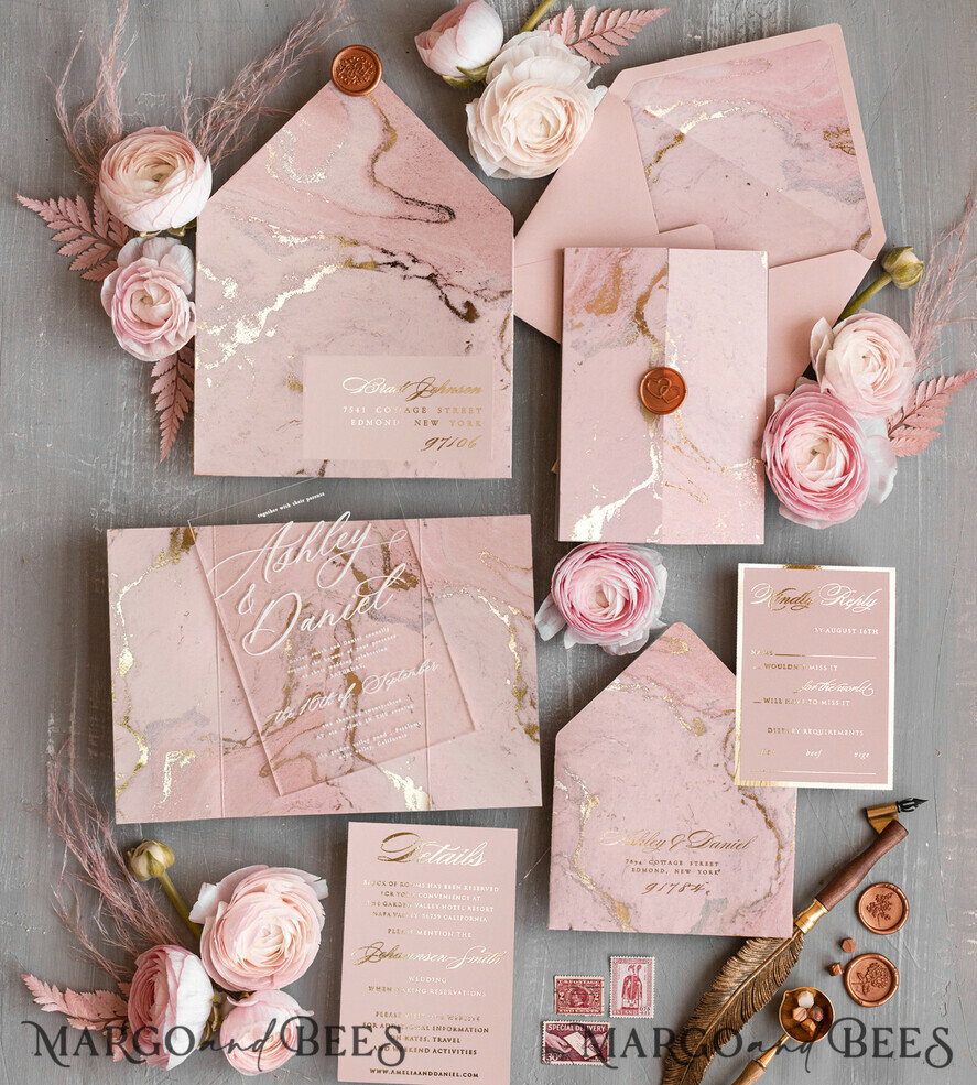 HOCHZEITS EINLADUNGEN Gold / Roségold / Silber / Glitzer Blush Pink Marmor Hochzeitskarten, Luxus Goldfolie Hochzeitsinvitation Set, Acrylkarten, Marmor Glamour Hochzeitsinvitation Suite, Elegante Hochzeitskarten Marmor