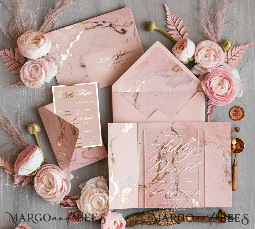 HOCHZEITS EINLADUNGEN Gold / Roségold / Silber / Glitzer Blush Pink Marmor Hochzeitskarten, Luxus Goldfolie Hochzeitsinvitation Set, Acrylkarten, Marmor Glamour Hochzeitsinvitation Suite, Elegante Hochzeitskarten Marmor