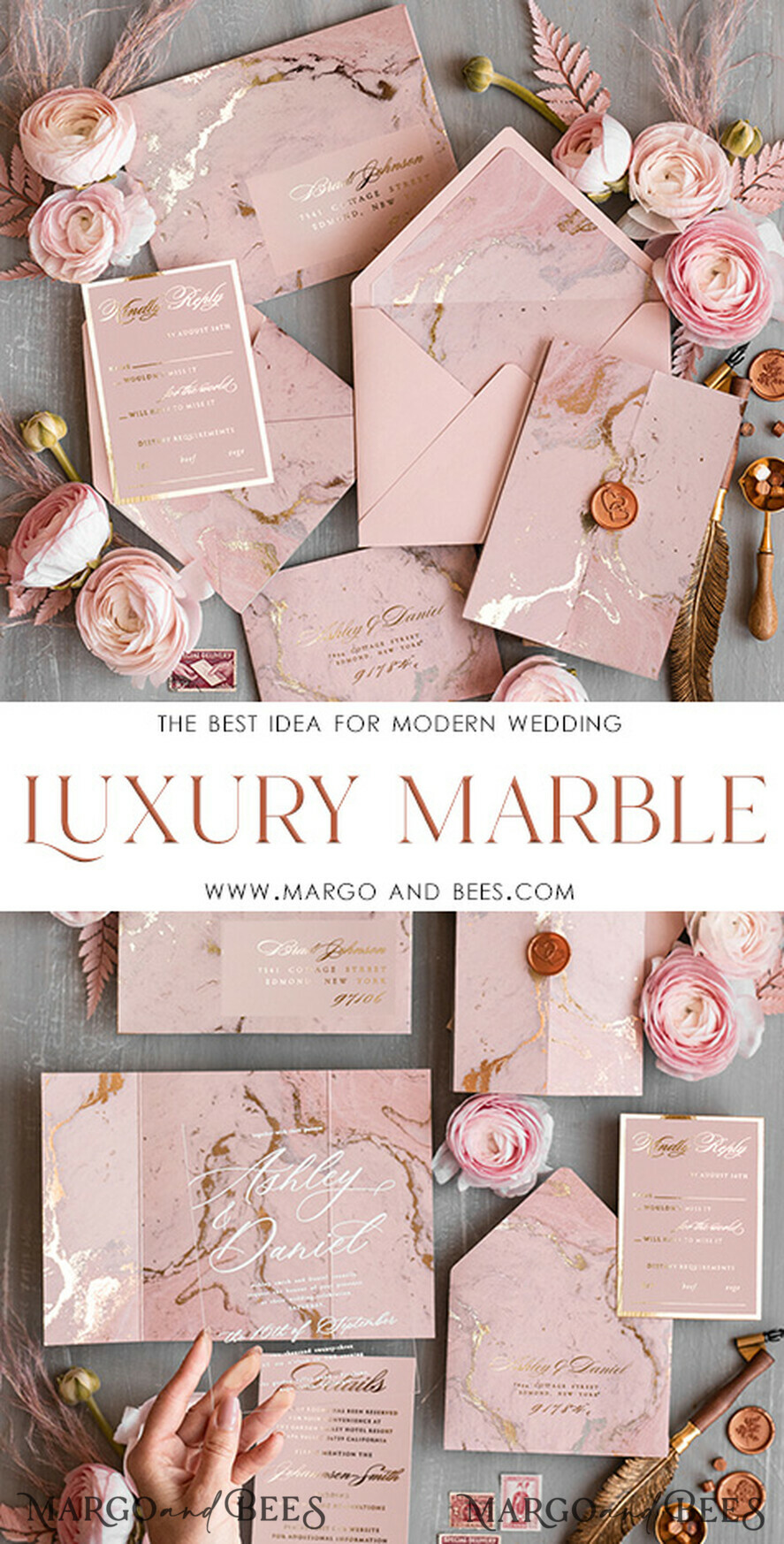 HOCHZEITS EINLADUNGEN Gold / Roségold / Silber / Glitzer Blush Pink Marmor Hochzeitskarten, Luxus Goldfolie Hochzeitsinvitation Set, Acrylkarten, Marmor Glamour Hochzeitsinvitation Suite, Elegante Hochzeitskarten Marmor