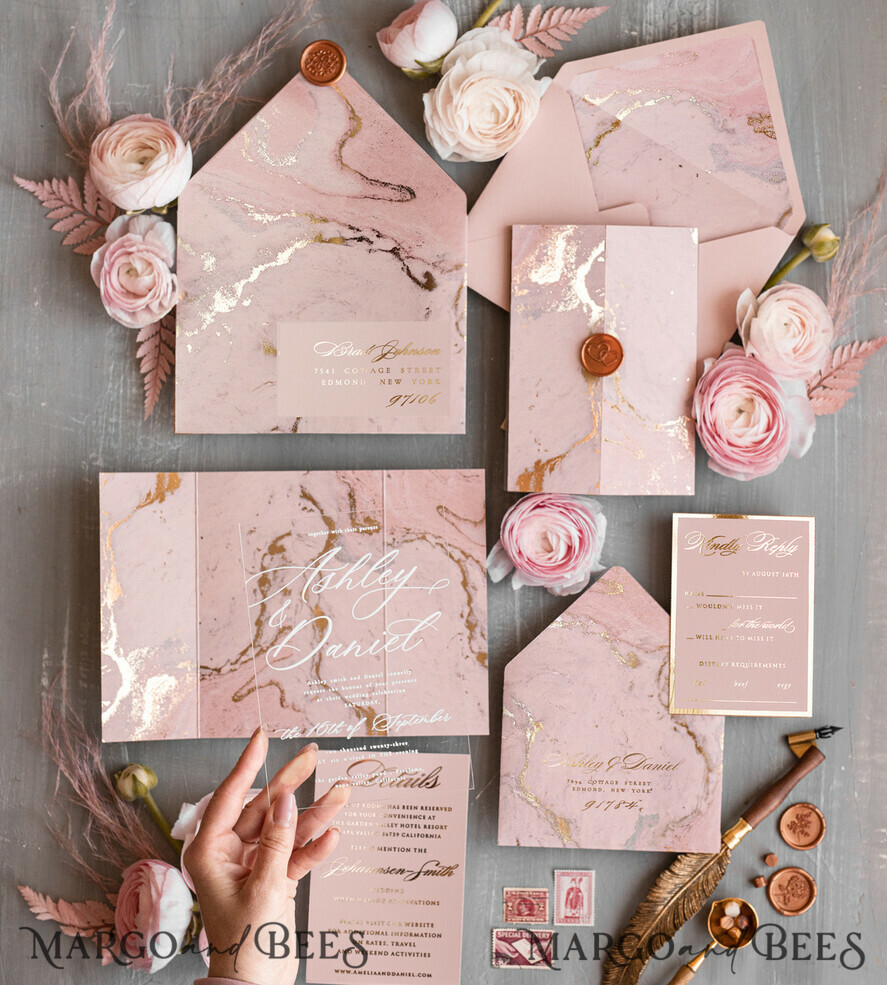 HOCHZEITS EINLADUNGEN Gold / Roségold / Silber / Glitzer Blush Pink Marmor Hochzeitskarten, Luxus Goldfolie Hochzeitsinvitation Set, Acrylkarten, Marmor Glamour Hochzeitsinvitation Suite, Elegante Hochzeitskarten Marmor