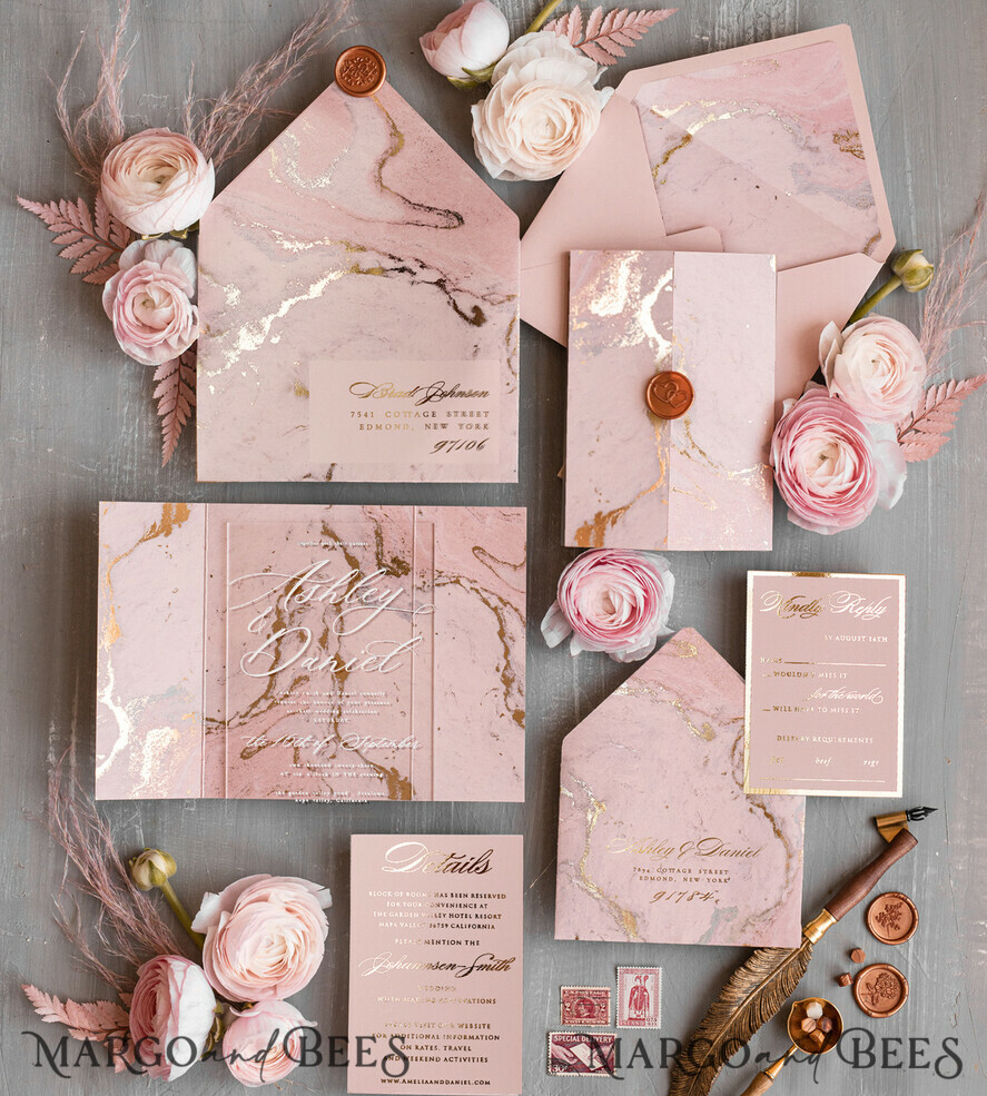 HOCHZEITS EINLADUNGEN Gold / Roségold / Silber / Glitzer Blush Pink Marmor Hochzeitskarten, Luxus Goldfolie Hochzeitsinvitation Set, Acrylkarten, Marmor Glamour Hochzeitsinvitation Suite, Elegante Hochzeitskarten Marmor