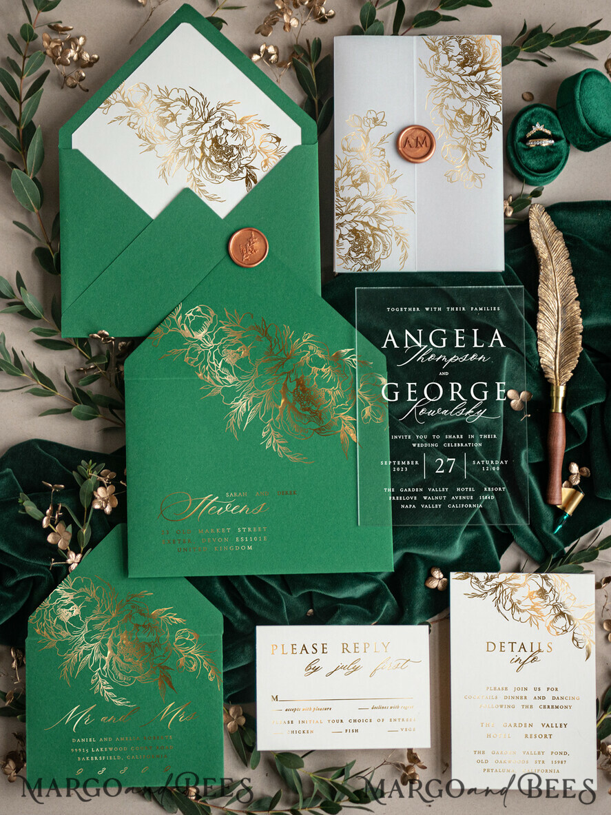 HOCHZEITS EINLADUNGEN Gold / Roségold / Silber / Glitzer Grün Gold Hochzeitseinladungen, Glamour Acryl Hochzeitseinladungen • Glitzernde Smaragdgrüne Hochzeitseinladung Suite • Luxuriöse Hochzeitskarten mit Wachssiegel