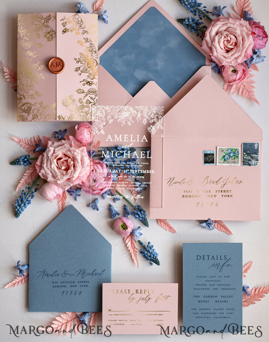 HOCHZEITS EINLADUNGEN Gold / Roségold / Silber / Glitzer Elegante Hochzeitseinladungen in hellrosa, Plexi-Hochzeitseinladungskollektion, glamouröse Hochzeitseinladungen in pink und eisblau, luxuriöse Hochzeitskarten.