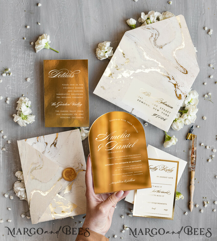 HOCHZEITS EINLADUNGEN Gold / Roségold / Silber / Glitzer Arch Gold Acryl Hochzeitseinladung, Luxus gold marmorierte Hochzeitseinladungen, Glamour Elfenbein Hochzeitseinladung Suite