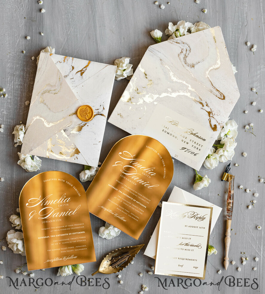 HOCHZEITS EINLADUNGEN Gold / Roségold / Silber / Glitzer Arch Gold Acryl Hochzeitseinladung, Luxus gold marmorierte Hochzeitseinladungen, Glamour Elfenbein Hochzeitseinladung Suite