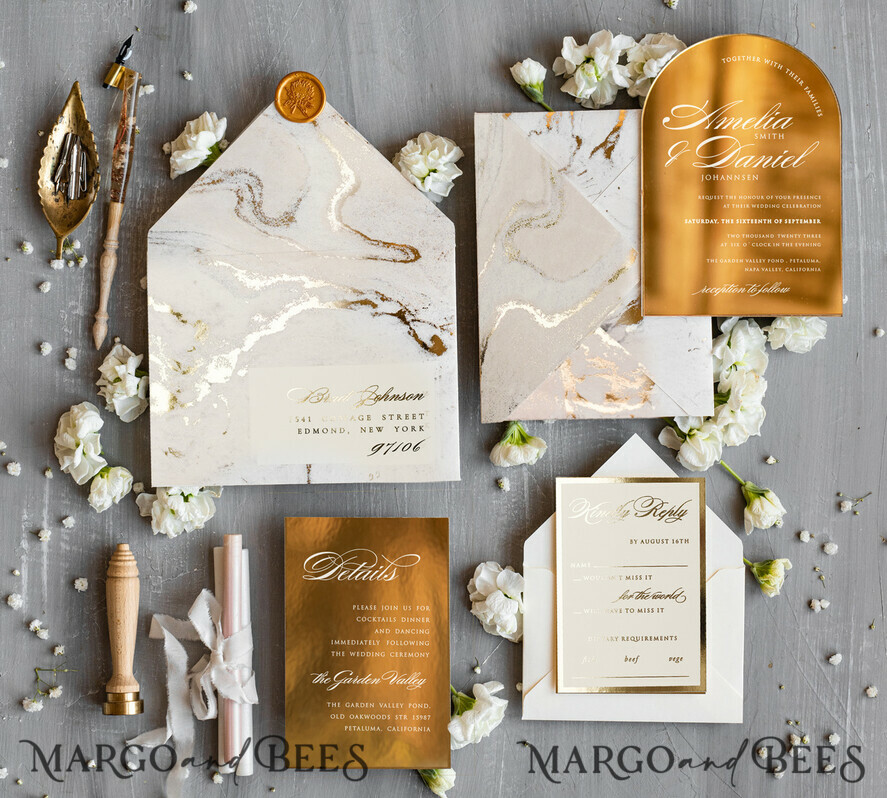 HOCHZEITS EINLADUNGEN Gold / Roségold / Silber / Glitzer Arch Gold Acryl Hochzeitseinladung, Luxus gold marmorierte Hochzeitseinladungen, Glamour Elfenbein Hochzeitseinladung Suite