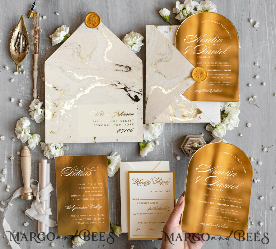 HOCHZEITS EINLADUNGEN Gold / Roségold / Silber / Glitzer Arch Gold Acryl Hochzeitseinladung, Luxus gold marmorierte Hochzeitseinladungen, Glamour Elfenbein Hochzeitseinladung Suite