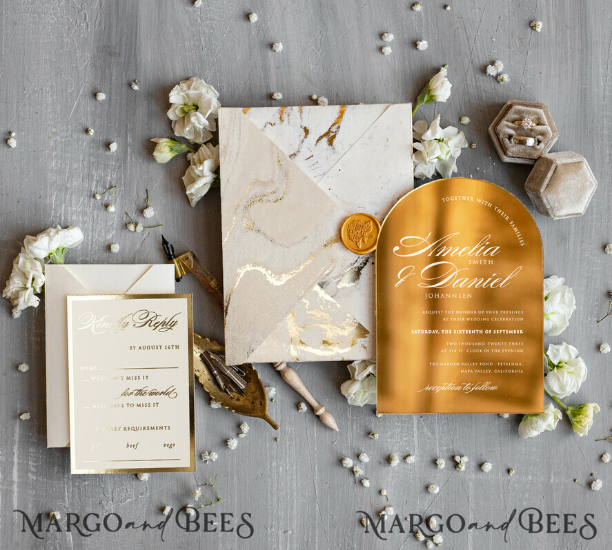HOCHZEITS EINLADUNGEN Gold / Roségold / Silber / Glitzer Arch Gold Acryl Hochzeitseinladung, Luxus gold marmorierte Hochzeitseinladungen, Glamour Elfenbein Hochzeitseinladung Suite
