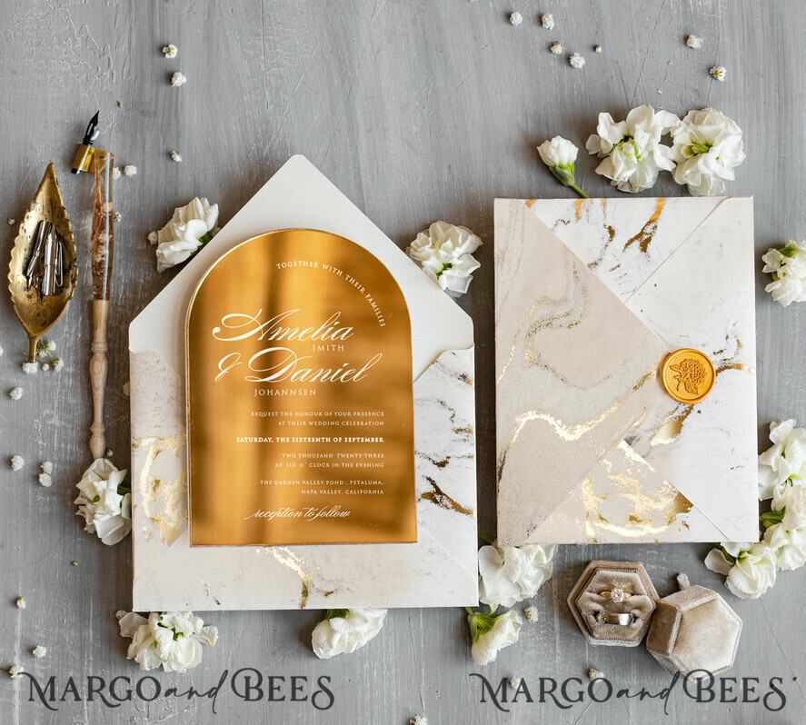 HOCHZEITS EINLADUNGEN Gold / Roségold / Silber / Glitzer Arch Gold Acryl Hochzeitseinladung, Luxus gold marmorierte Hochzeitseinladungen, Glamour Elfenbein Hochzeitseinladung Suite