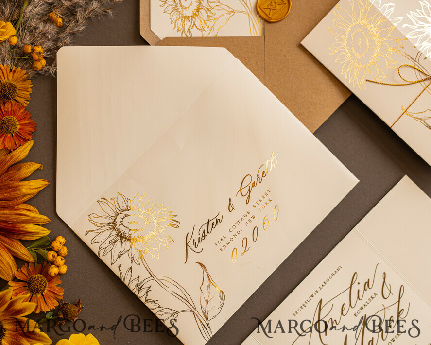 HOCHZEITS EINLADUNGEN Gold / Roségold / Silber / Glitzer Luxuriöse Goldfolien-Hochzeitseinladungen, romantische Sommerhochzeits-Papeterie, elegante goldene Sonnenblumen-Hochzeitseinladungen, glamouröse nude Hochzeitspapeterie.