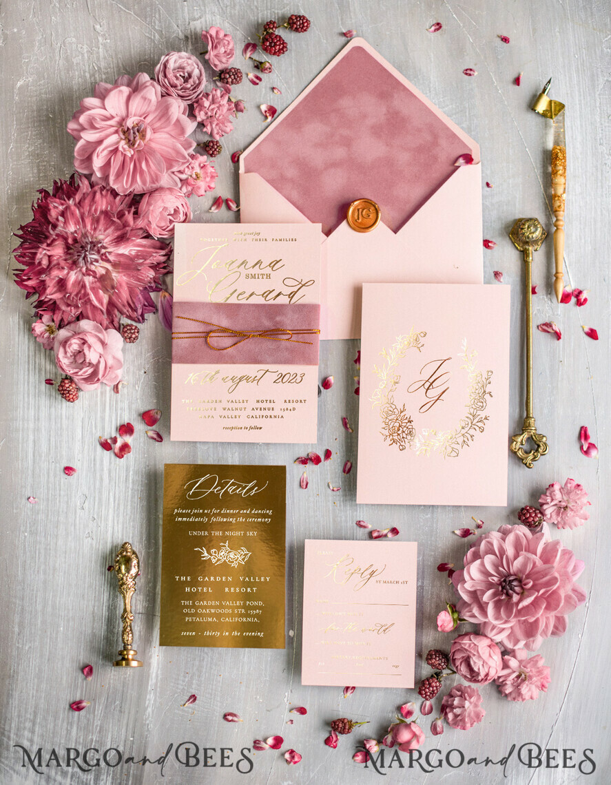 HOCHZEITS EINLADUNGEN Gold / Roségold / Silber / Glitzer Glamour Gold Folien Hochzeitskarten, Luxus Samt Hochzeitseinladungen, Romantische Blush Pink Hochzeitsinvitation Suite, Maßgeschneiderte Hochzeitsstationery