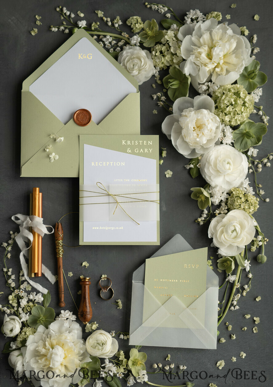 HOCHZEITS EINLADUNGEN Gold / Roségold / Silber / Glitzer Luxus Goldfolien Hochzeitskarten, elegante Salbeigrüne Hochzeitskarten, glamouröse goldene Hochzeits Einladung Suite, geometrische Hochzeitskarten.