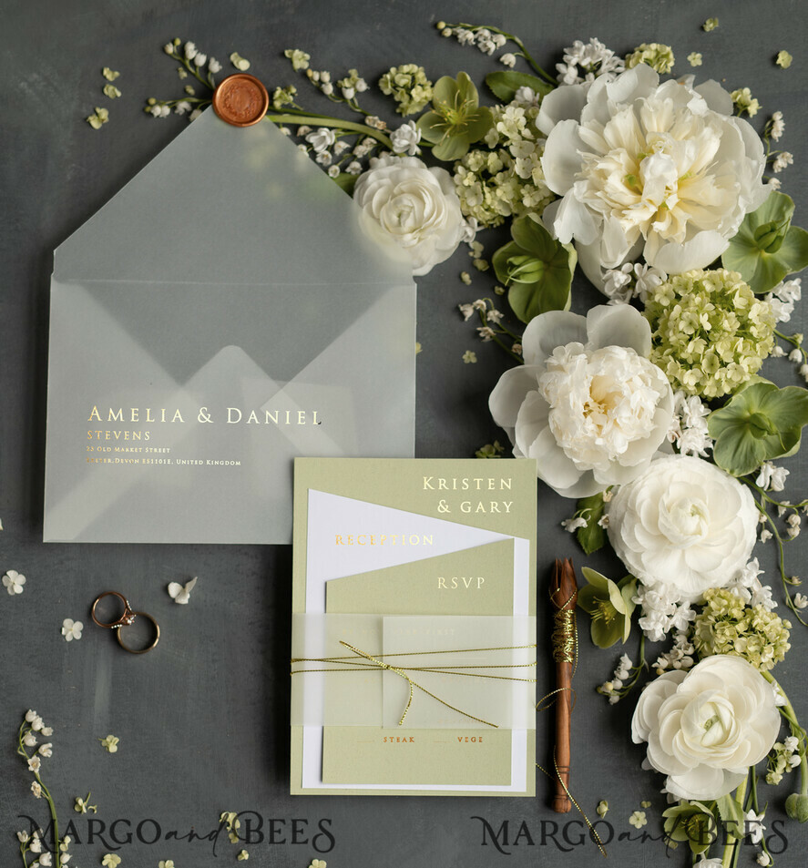 HOCHZEITS EINLADUNGEN Gold / Roségold / Silber / Glitzer Luxus Goldfolien Hochzeitskarten, elegante Salbeigrüne Hochzeitskarten, glamouröse goldene Hochzeits Einladung Suite, geometrische Hochzeitskarten.