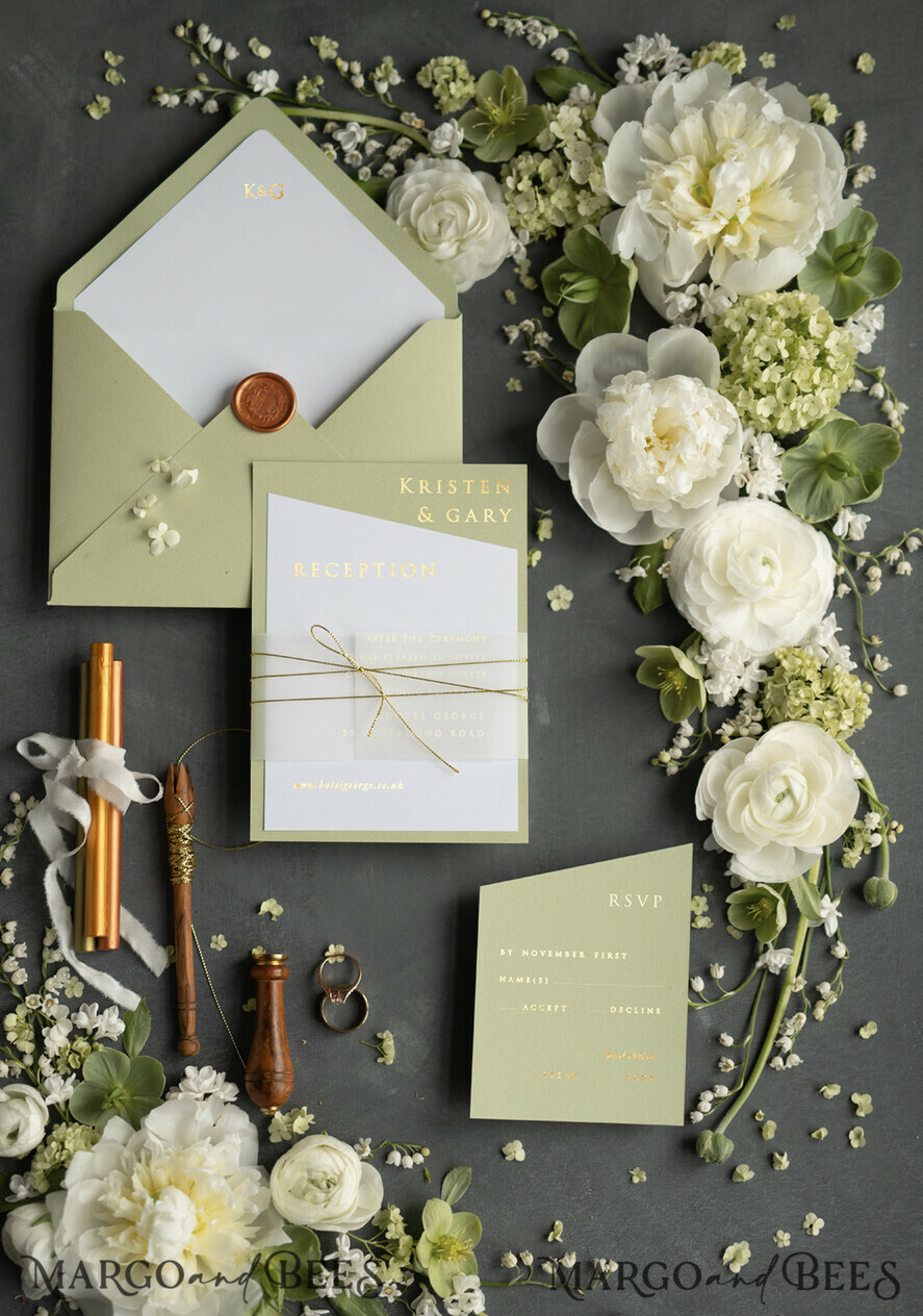 HOCHZEITS EINLADUNGEN Gold / Roségold / Silber / Glitzer Luxus Goldfolien Hochzeitskarten, elegante Salbeigrüne Hochzeitskarten, glamouröse goldene Hochzeits Einladung Suite, geometrische Hochzeitskarten.