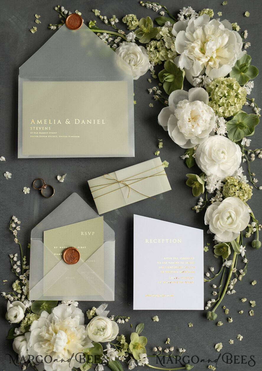 HOCHZEITS EINLADUNGEN Gold / Roségold / Silber / Glitzer Luxus Goldfolien Hochzeitskarten, elegante Salbeigrüne Hochzeitskarten, glamouröse goldene Hochzeits Einladung Suite, geometrische Hochzeitskarten.