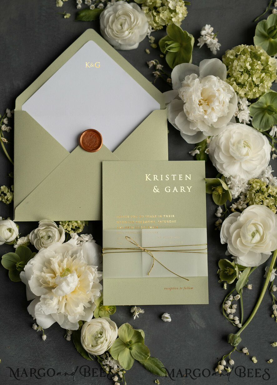 HOCHZEITS EINLADUNGEN Gold / Roségold / Silber / Glitzer Luxus Goldfolien Hochzeitskarten, elegante Salbeigrüne Hochzeitskarten, glamouröse goldene Hochzeits Einladung Suite, geometrische Hochzeitskarten.