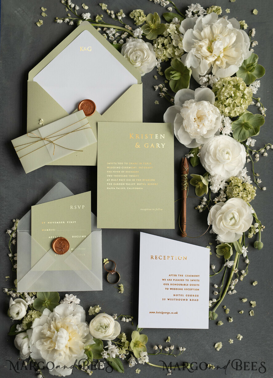 HOCHZEITS EINLADUNGEN Gold / Roségold / Silber / Glitzer Luxus Goldfolien Hochzeitskarten, elegante Salbeigrüne Hochzeitskarten, glamouröse goldene Hochzeits Einladung Suite, geometrische Hochzeitskarten.