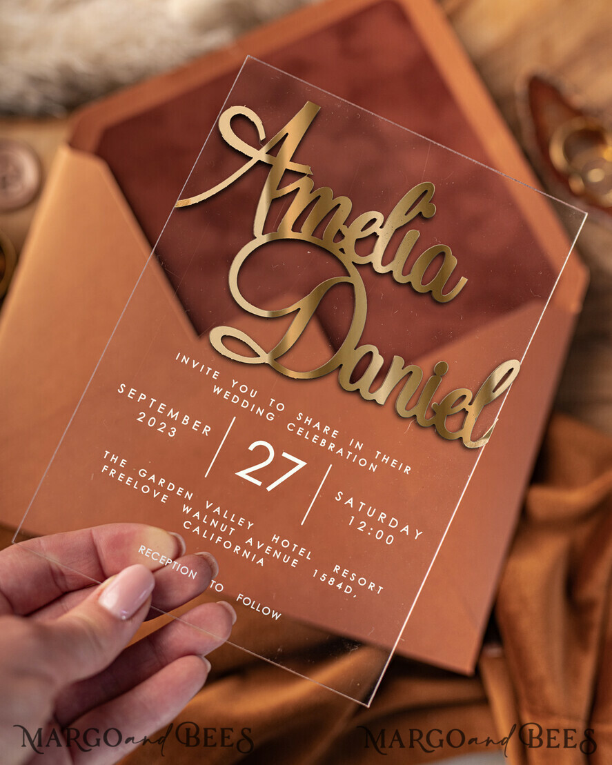 HOCHZEITS EINLADUNGEN Gold / Roségold / Silber / Glitzer Maßgeschneiderte Terrakotta-Hochzeitseinladungen, Glamour-Acryl-Hochzeitseinladungen, Goldenes Samt-Hochzeitseinladungset, Luxus-Hochzeitskarten
