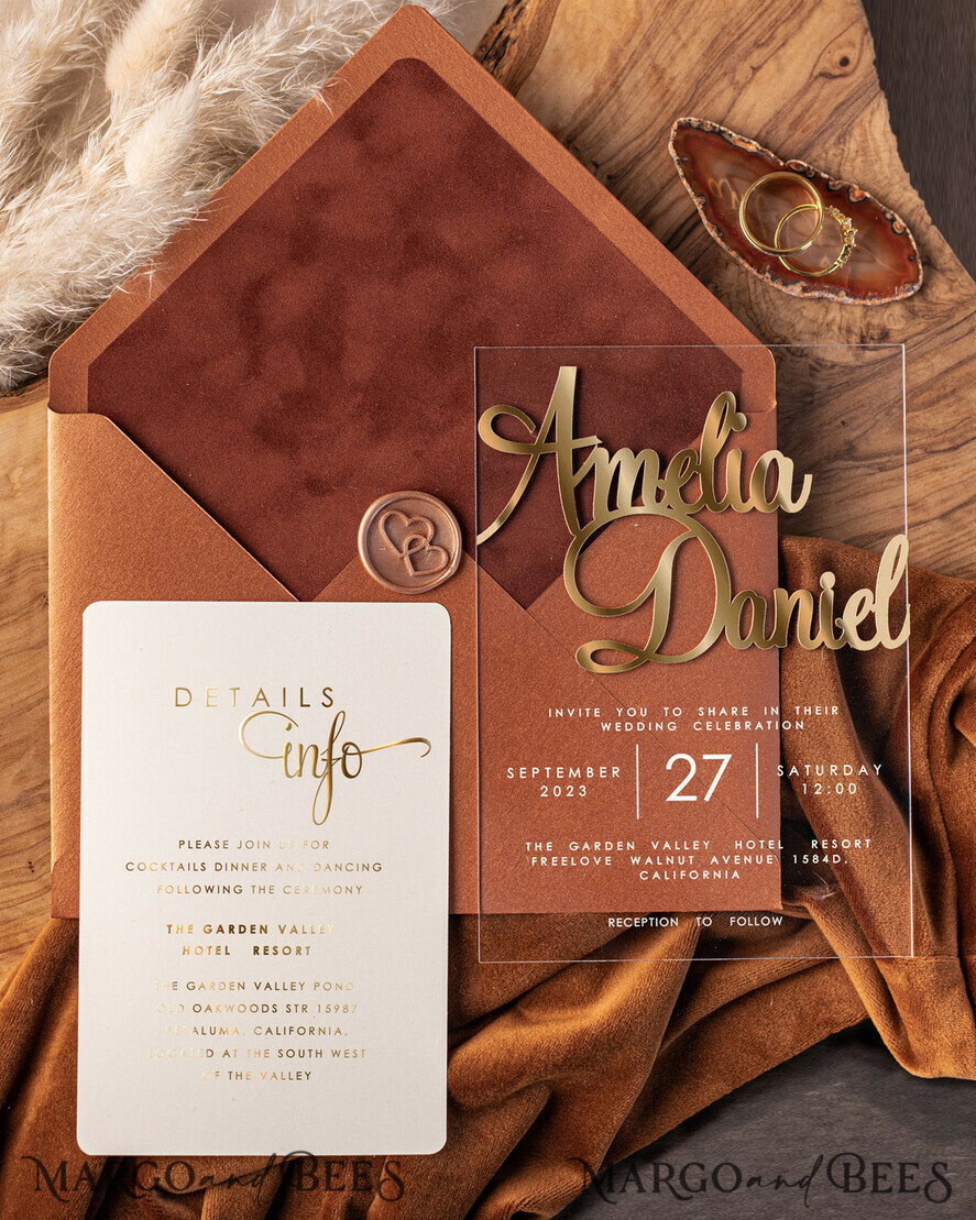 HOCHZEITS EINLADUNGEN Gold / Roségold / Silber / Glitzer Maßgeschneiderte Terrakotta-Hochzeitseinladungen, Glamour-Acryl-Hochzeitseinladungen, Goldenes Samt-Hochzeitseinladungset, Luxus-Hochzeitskarten