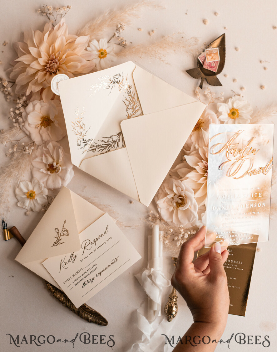 HOCHZEITS EINLADUNGEN Gold / Roségold / Silber / Glitzer Acryl-Hochzeitseinladungen-Set, Glamour-Hochzeitseinladungen, Goldener Glanz Hochzeitseinladungs-Set, Luxus Gold Hochzeitseinladungen
