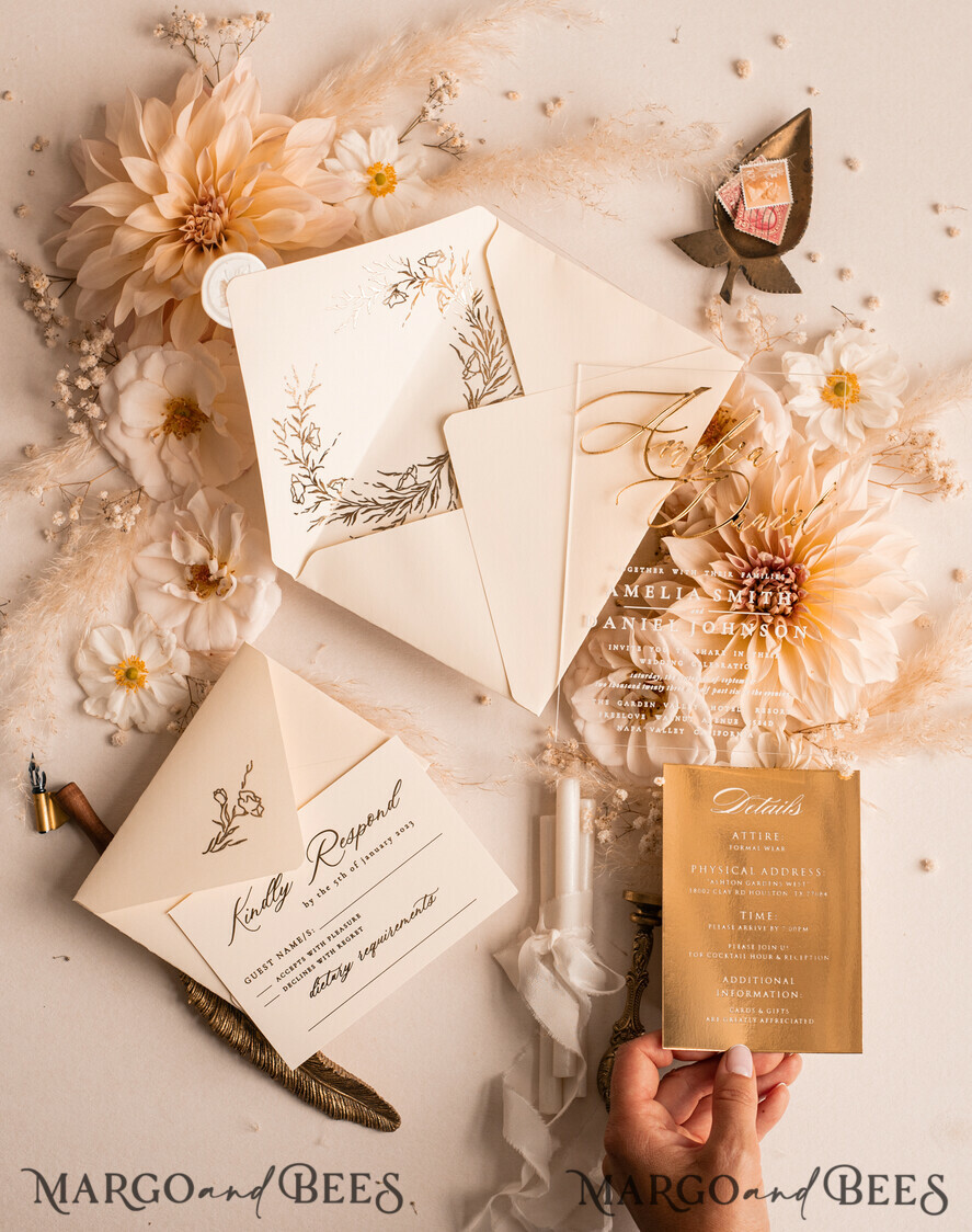 HOCHZEITS EINLADUNGEN Gold / Roségold / Silber / Glitzer Acryl-Hochzeitseinladungen-Set, Glamour-Hochzeitseinladungen, Goldener Glanz Hochzeitseinladungs-Set, Luxus Gold Hochzeitseinladungen
