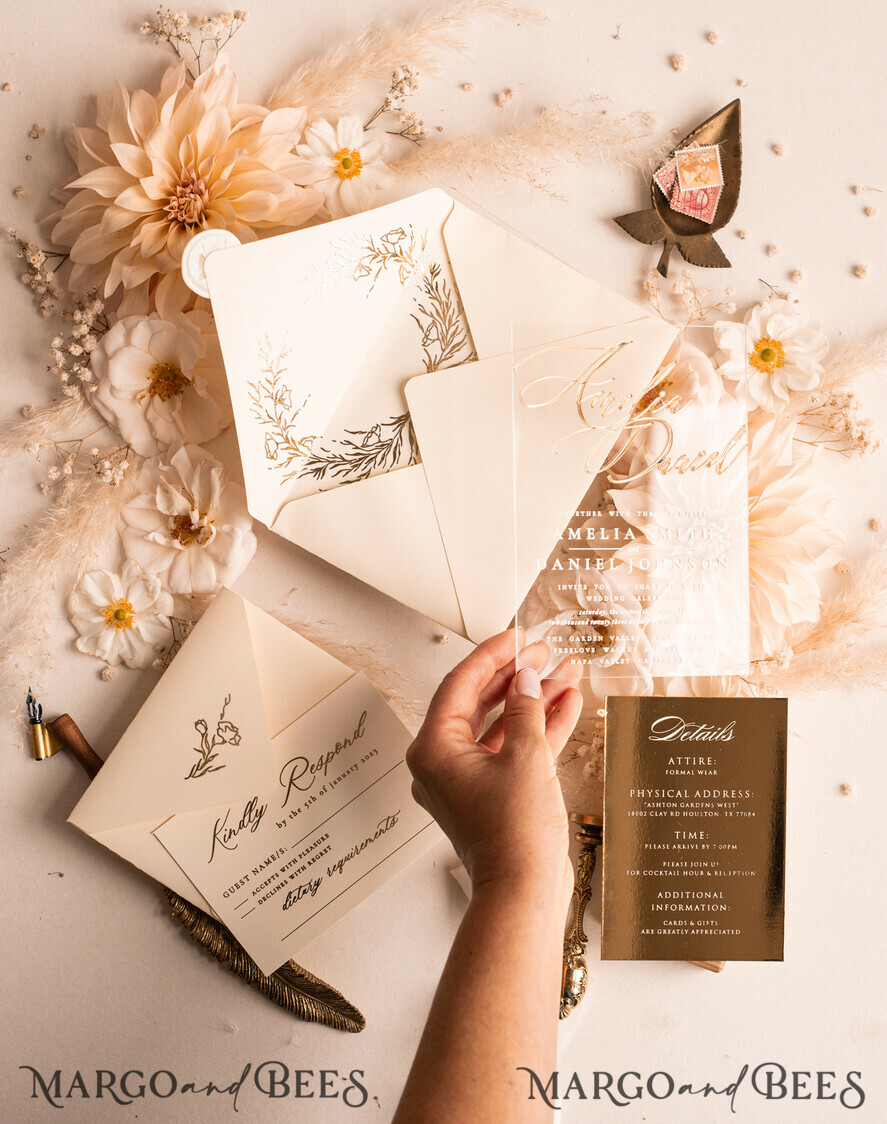 HOCHZEITS EINLADUNGEN Gold / Roségold / Silber / Glitzer Acryl-Hochzeitseinladungen-Set, Glamour-Hochzeitseinladungen, Goldener Glanz Hochzeitseinladungs-Set, Luxus Gold Hochzeitseinladungen