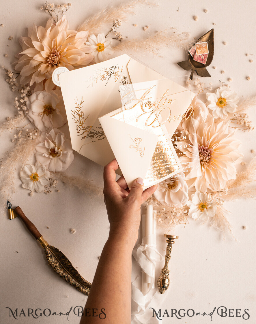 HOCHZEITS EINLADUNGEN Gold / Roségold / Silber / Glitzer Acryl-Hochzeitseinladungen-Set, Glamour-Hochzeitseinladungen, Goldener Glanz Hochzeitseinladungs-Set, Luxus Gold Hochzeitseinladungen