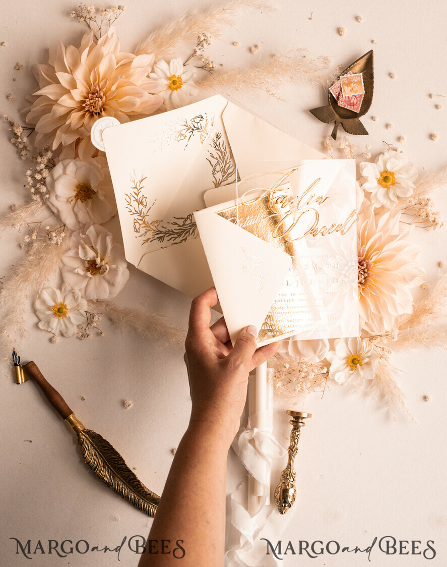 HOCHZEITS EINLADUNGEN Gold / Roségold / Silber / Glitzer Acryl-Hochzeitseinladungen-Set, Glamour-Hochzeitseinladungen, Goldener Glanz Hochzeitseinladungs-Set, Luxus Gold Hochzeitseinladungen