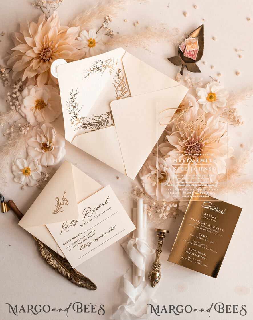 HOCHZEITS EINLADUNGEN Gold / Roségold / Silber / Glitzer Acryl-Hochzeitseinladungen-Set, Glamour-Hochzeitseinladungen, Goldener Glanz Hochzeitseinladungs-Set, Luxus Gold Hochzeitseinladungen