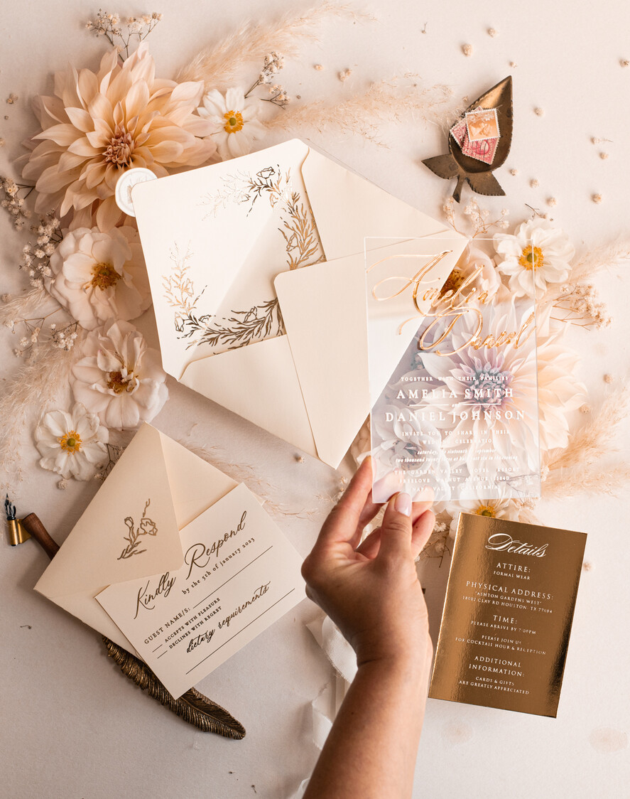 HOCHZEITS EINLADUNGEN Gold / Roségold / Silber / Glitzer Acryl-Hochzeitseinladungen-Set, Glamour-Hochzeitseinladungen, Goldener Glanz Hochzeitseinladungs-Set, Luxus Gold Hochzeitseinladungen