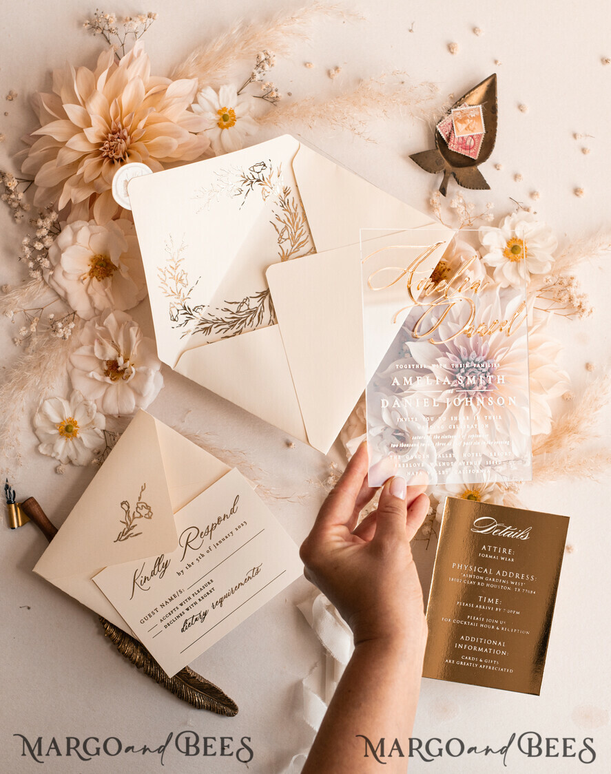 HOCHZEITS EINLADUNGEN Gold / Roségold / Silber / Glitzer Acryl-Hochzeitseinladungen-Set, Glamour-Hochzeitseinladungen, Goldener Glanz Hochzeitseinladungs-Set, Luxus Gold Hochzeitseinladungen