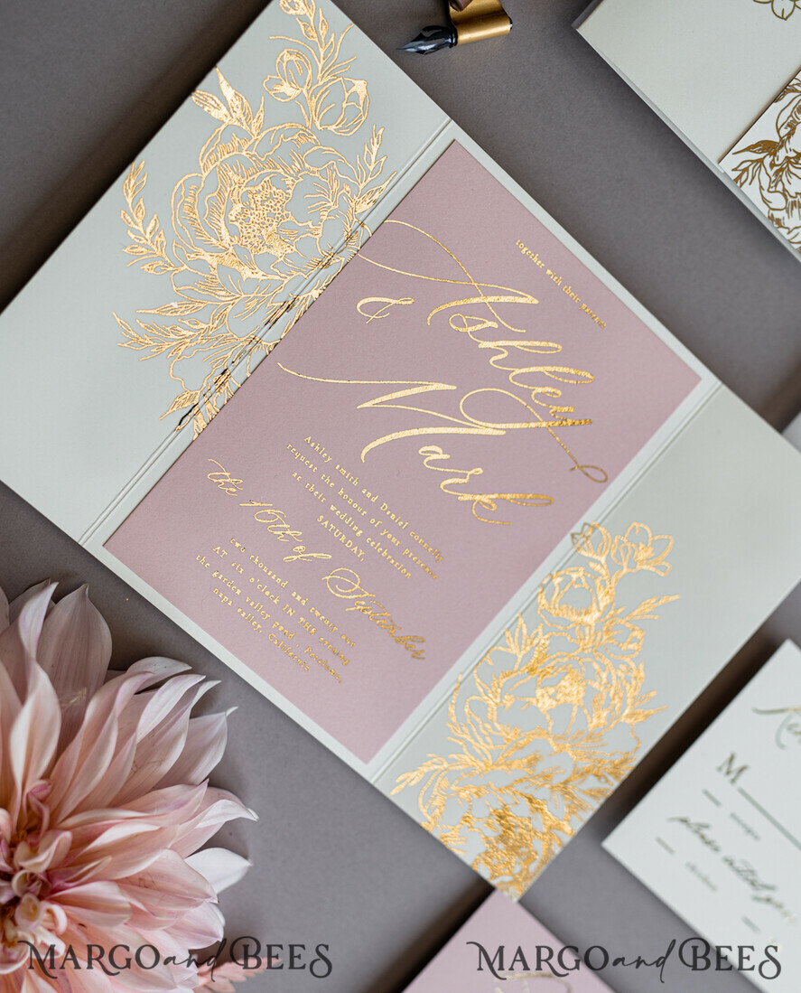 HOCHZEITS EINLADUNGEN Gold / Roségold / Silber / Glitzer Bohemian Blush Pink Hochzeitskarten, Glamour Gold Hochzeitskarten, Luxuriöses maßgeschneidertes Hochzeitsinvitation-Set, Elegante Pergament-Hochzeitskarten