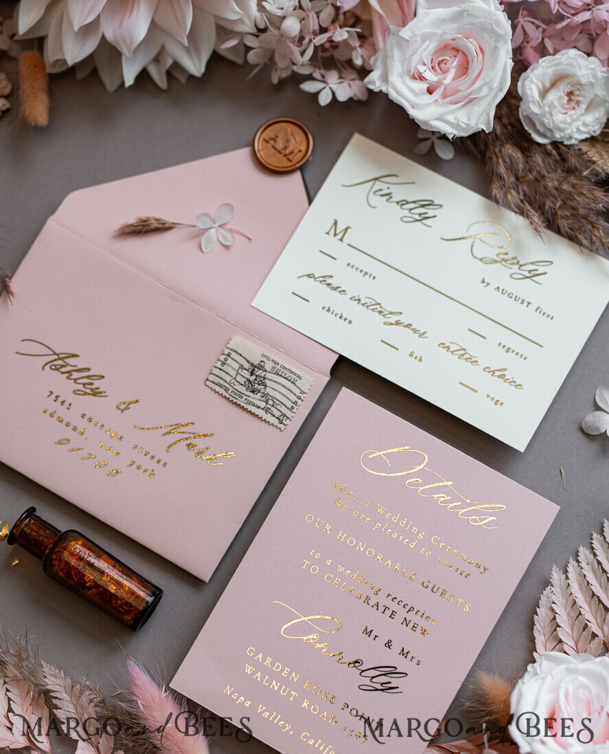 HOCHZEITS EINLADUNGEN Gold / Roségold / Silber / Glitzer Bohemian Blush Pink Hochzeitskarten, Glamour Gold Hochzeitskarten, Luxuriöses maßgeschneidertes Hochzeitsinvitation-Set, Elegante Pergament-Hochzeitskarten