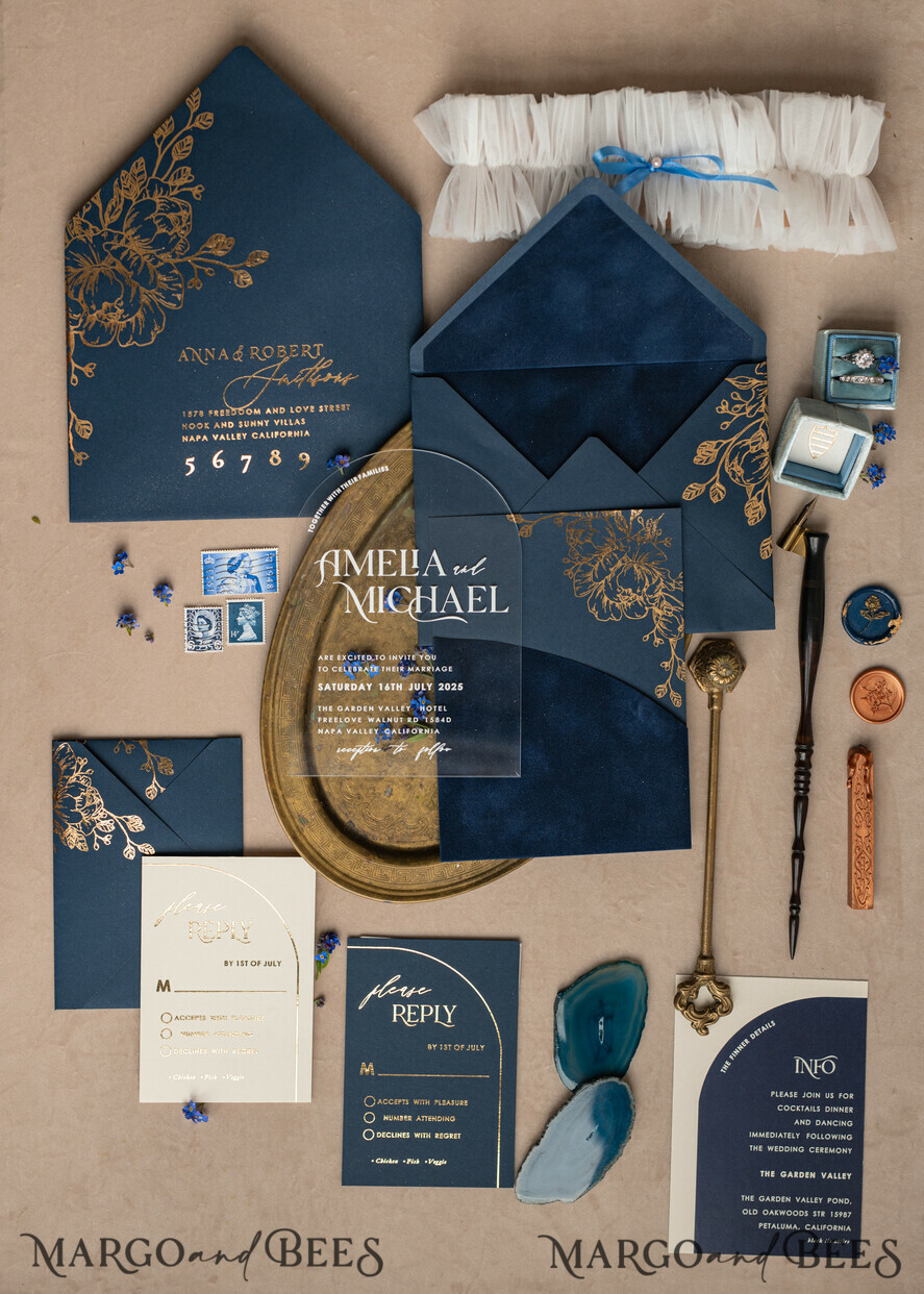 HOCHZEITS EINLADUNGEN Gold / Roségold / Silber / Glitzer Marineblaue Goldbogen-Hochzeitskarten, Plexi-Taschen-Velours-Hochzeitskarten, Dunkelblaue Gold-Hochzeitseinladungen, Elegante Hochzeitskarten
