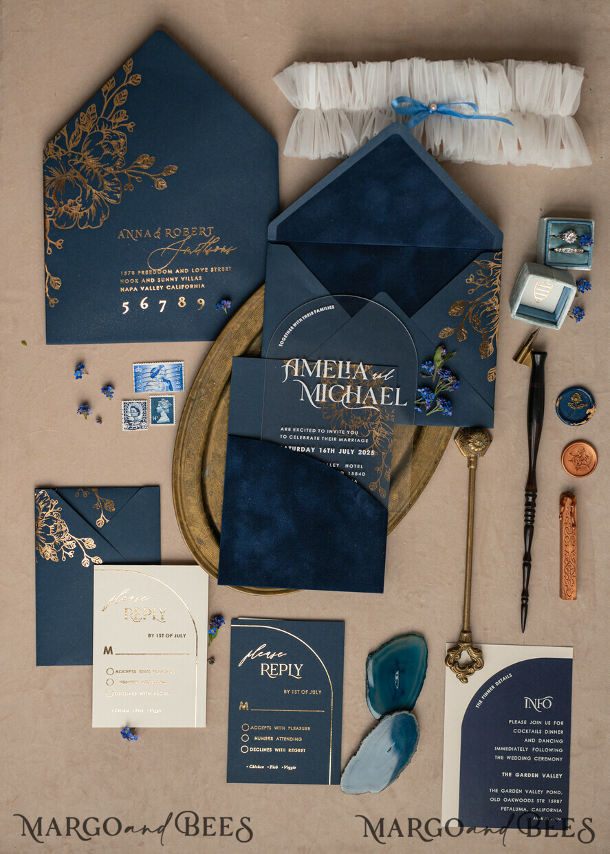 HOCHZEITS EINLADUNGEN Gold / Roségold / Silber / Glitzer Marineblaue Goldbogen-Hochzeitskarten, Plexi-Taschen-Velours-Hochzeitskarten, Dunkelblaue Gold-Hochzeitseinladungen, Elegante Hochzeitskarten