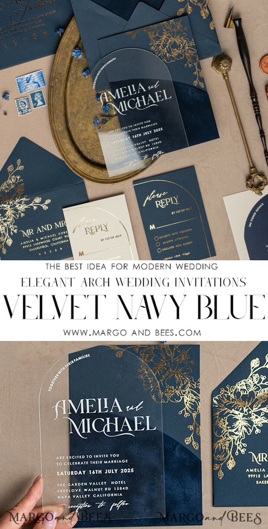 HOCHZEITS EINLADUNGEN Gold / Roségold / Silber / Glitzer Marineblaue Goldbogen-Hochzeitskarten, Plexi-Taschen-Velours-Hochzeitskarten, Dunkelblaue Gold-Hochzeitseinladungen, Elegante Hochzeitskarten