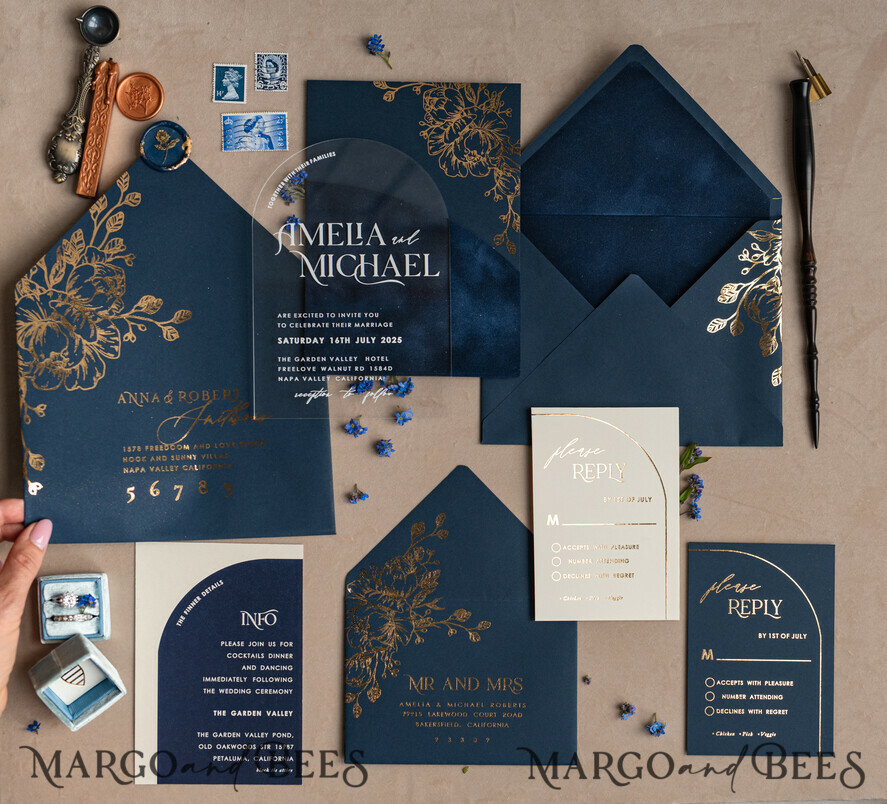 HOCHZEITS EINLADUNGEN Gold / Roségold / Silber / Glitzer Marineblaue Goldbogen-Hochzeitskarten, Plexi-Taschen-Velours-Hochzeitskarten, Dunkelblaue Gold-Hochzeitseinladungen, Elegante Hochzeitskarten