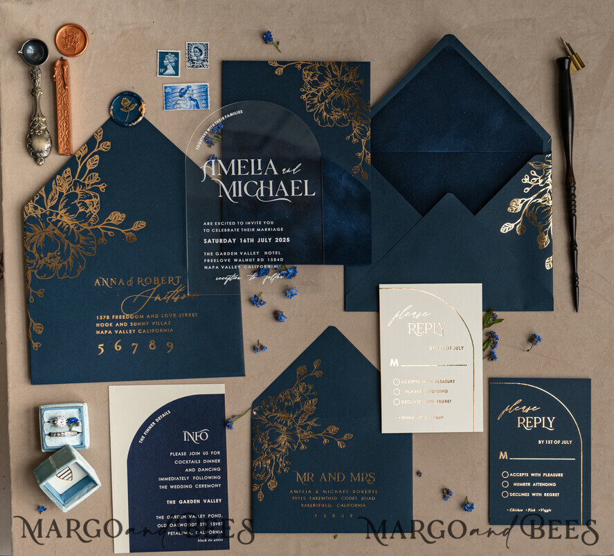 HOCHZEITS EINLADUNGEN Gold / Roségold / Silber / Glitzer Marineblaue Goldbogen-Hochzeitskarten, Plexi-Taschen-Velours-Hochzeitskarten, Dunkelblaue Gold-Hochzeitseinladungen, Elegante Hochzeitskarten