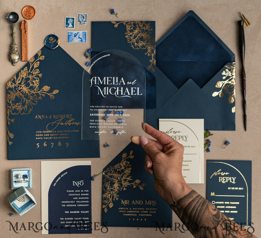 HOCHZEITS EINLADUNGEN Gold / Roségold / Silber / Glitzer Marineblaue Goldbogen-Hochzeitskarten, Plexi-Taschen-Velours-Hochzeitskarten, Dunkelblaue Gold-Hochzeitseinladungen, Elegante Hochzeitskarten